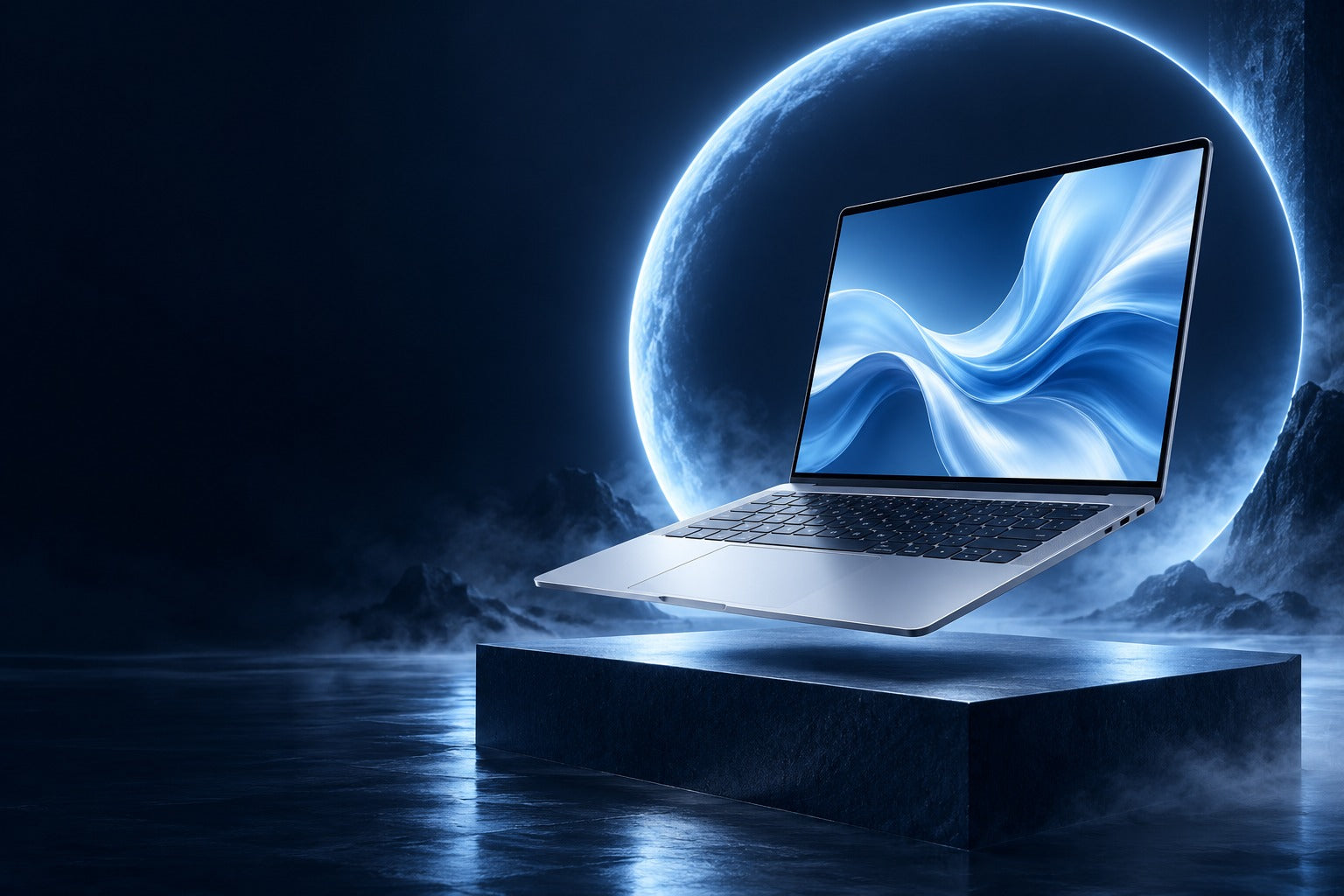 Concept laptop in a sculptural sky-blue light installation
